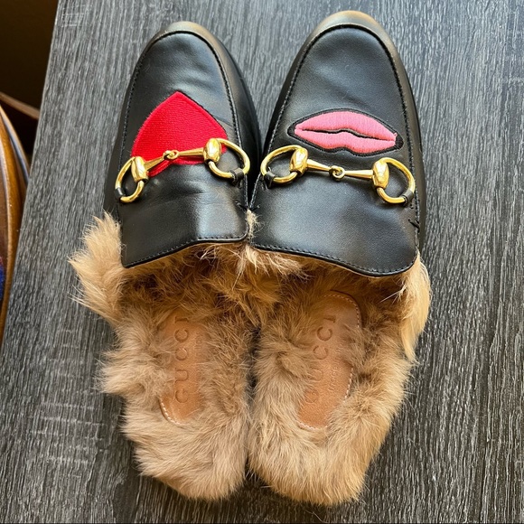 Gucci Princetown Lips and Heart Embroidered Fur Lined Mules US 5 Retail $1050 - Picture 4 of 10